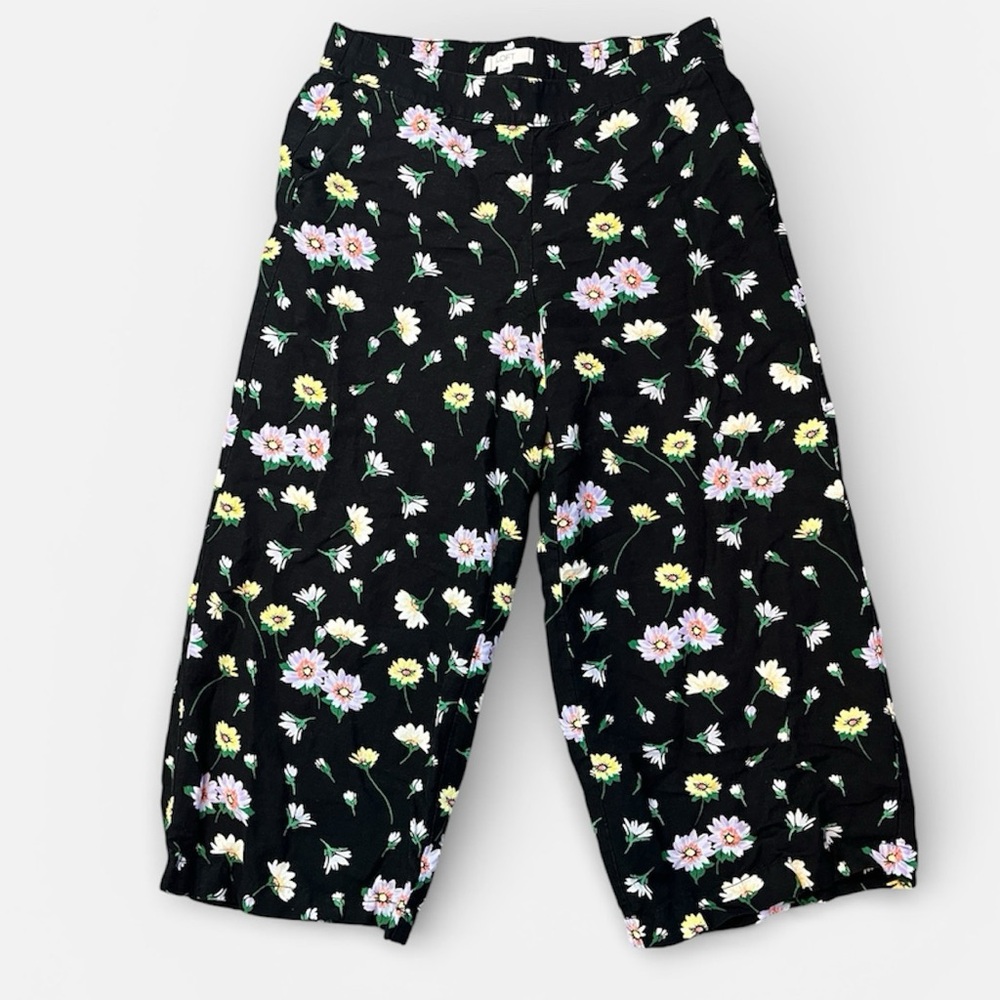 Loft black floral print linen wide leg crop pants size medium